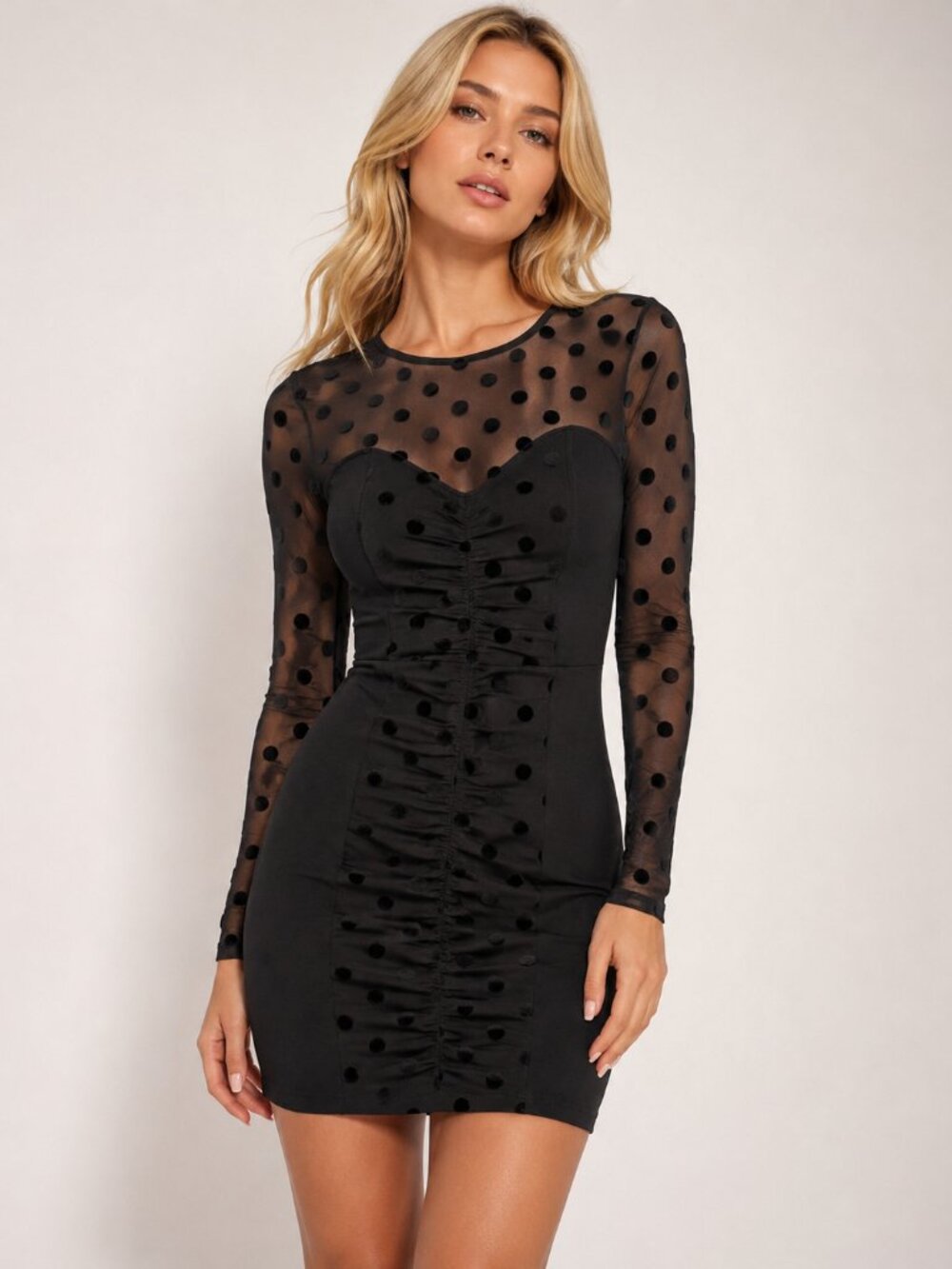 NWT Guess Jet Black Polka Dot Mesh Ruched Long Sleeve Dress Small